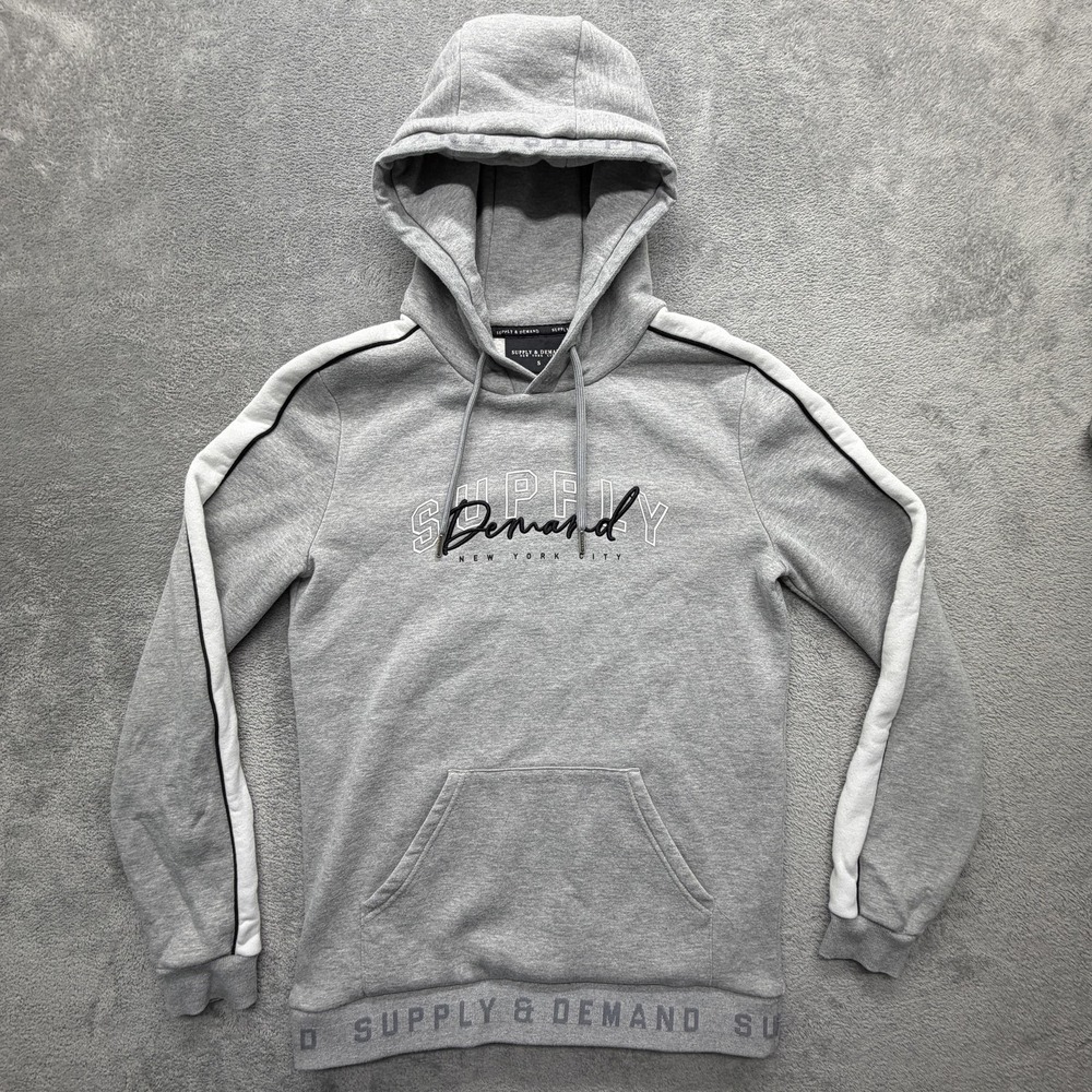 SUPPLY & DEMAND Hoodie Mens Small Gray Pullover Hooded Graphic Fleece Drawstring